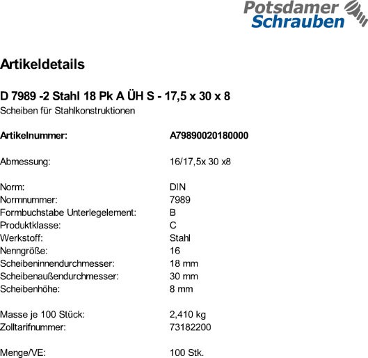 100 Scheiben DIN 7989 -2 Stahl 18 Pk A ÜH 17,5x30x8
