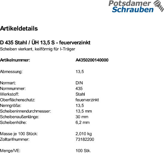 100 I-Scheiben DIN 435 feuerverzinkt 13,5