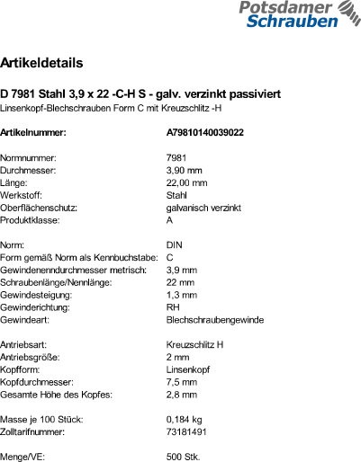500 Linsenkopf Blechschrauben DIN 7981 verzinkt 3,9x22 -C-H