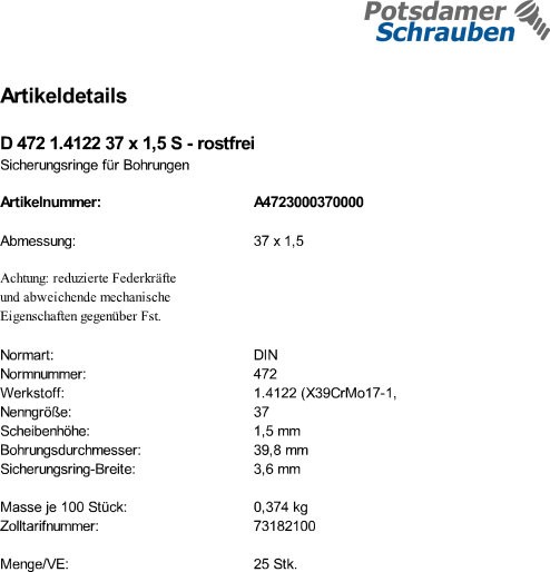 25 Edelstahl Sicherungsringe DIN 472 1.4122 37x1,5
