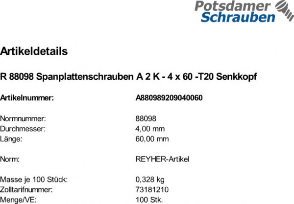 100 Edelstahl V2A Senkkopf Spanplattenschrauben A2 TX 4x60 TORX
