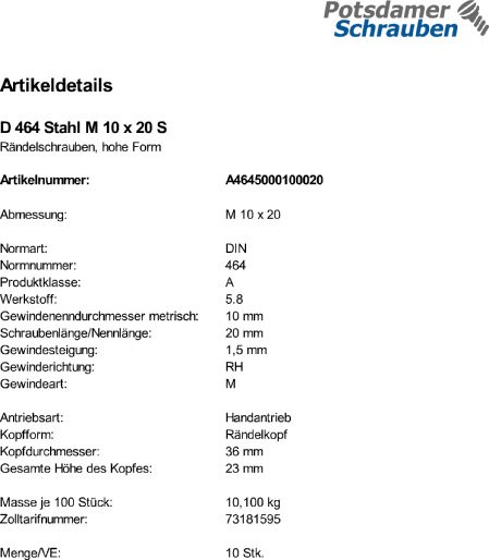 10 Rändelschrauben DIN 464 Stahl M10x20