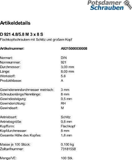 100 Flachkopfschrauben DIN 921 4.8 / 5.8 M3x8 Stahl