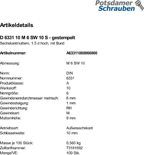 100 Sechskantmu. mit Bund DIN 6331 10 M6 SW 10 gestempelt Stahl