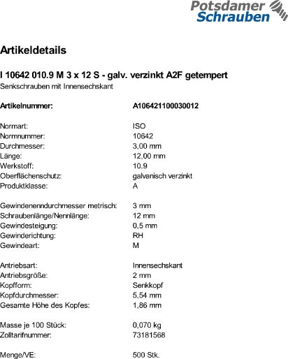 500 Innensechskant Senkkopfschrauben eh. DIN 7991 10.9 verzinkt M3x12