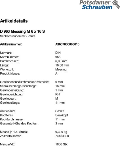 1000 Schlitz Senkschrauben DIN 963 Messing M6x16
