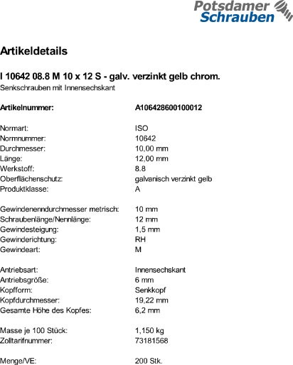 200 Innensechskant Senkkopfschrauben ISO 10642 8.8 gelb verzinkt M10x12