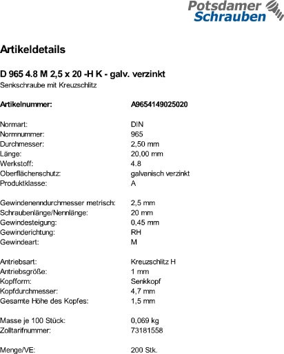 200 Kreuzschlitz Senkschrauben DIN 965 4.8 verzinkt -H M2,5x20