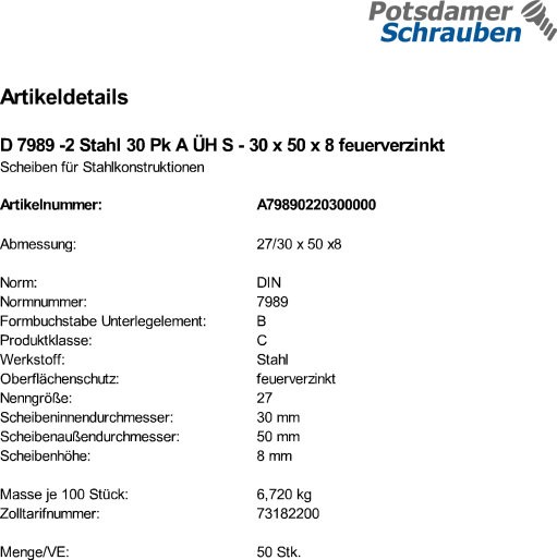50 Scheiben DIN 7989 -2 feuerverzinkt 30 Pk A ÜH 30x50x8