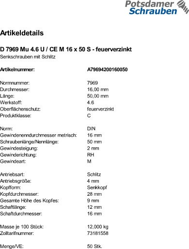 50 Schlitz Senkschrauben DIN 7969 Mu 4.6 U / CE M16x50 feuerverzinkt tZn Stahl