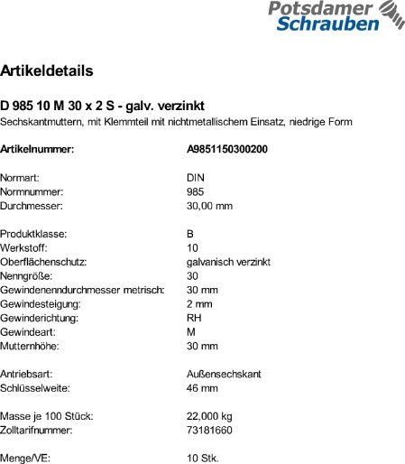10 Feingewinde Sechskantmuttern DIN 985 Kl. 10 verzinkt M30x2