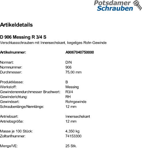 25 Verschlußschrauben DIN 906 Messing R 3/4 Ms