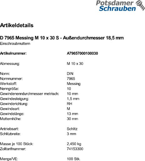 100 Einschraubmuttern DIN 7965 Messing M10x30 Außendurchmesser 18,5 mMMs