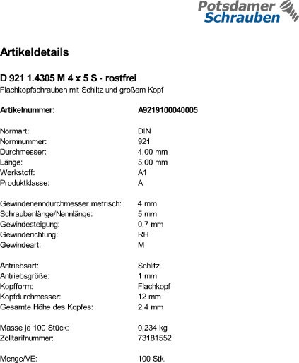 100 Flachkopfschrauben DIN 921 1.4305 M4x5 rostfrei A1 Edelstahl