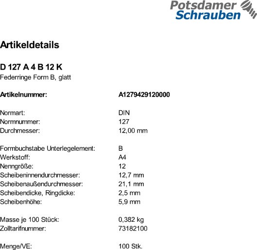 100 Edelstahl V4A Federringe DIN 127 A4 Form B M12