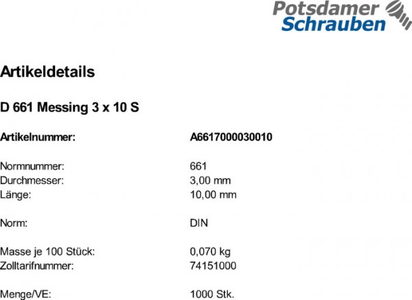 1000 Senknieten DIN 661 Messing 3x10