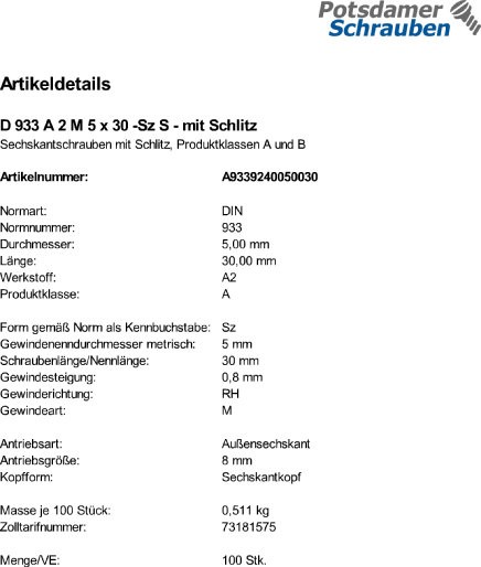 100 Edelstahl V2A Sechskantschrauben DIN 933 A2 M5x30 Schlitz