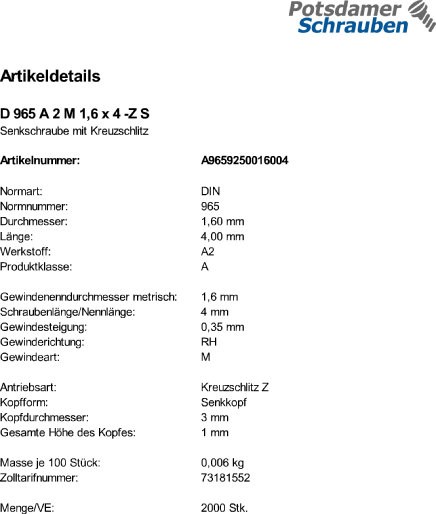 2000 Edelstahl V2A Kreuzschlitz Senkschrauben DIN 965 A2 -H M1,6x4 -Z