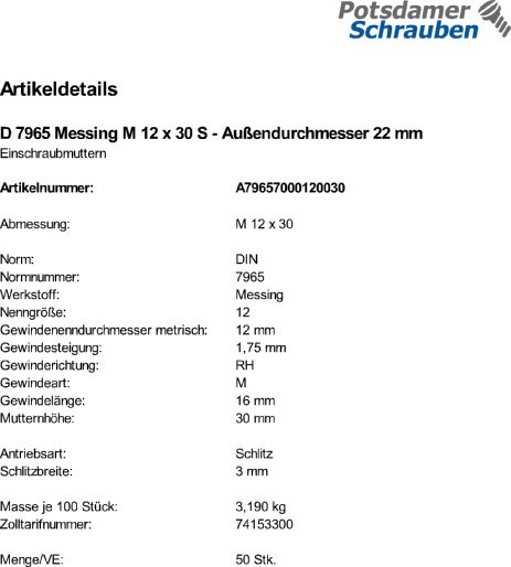 50 Einschraubmuttern DIN 7965 Messing M12x30 Außendurchmesser 22 mMMs