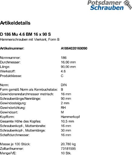 10 Hammerschrauben + Mutter DIN 186 4.6 Stahl BM16x90