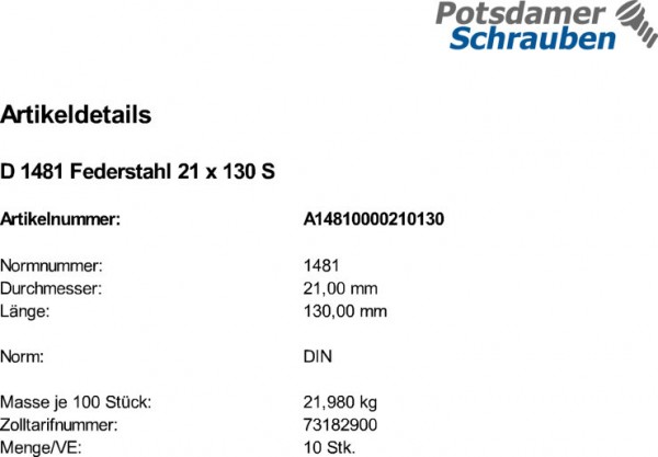 10 Spannstifte DIN 1481 Federstahl 21x130