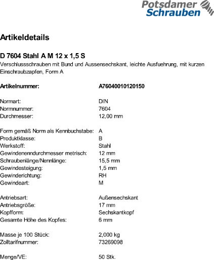 50 Verschlußschrauben DIN 7604 Stahl A M12x1,5