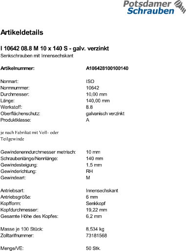 50 Innensechskant Senkkopfschrauben eh. DIN 7991 8.8 verzinkt M10x140