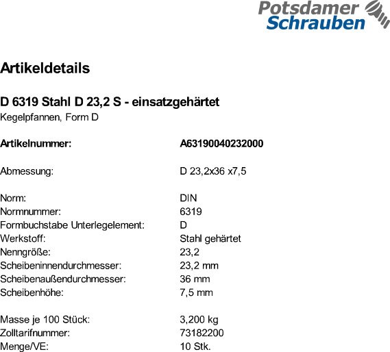 10 Kegelpfannen DIN 6319 Stahl D 23,2 einsatzgehärtet