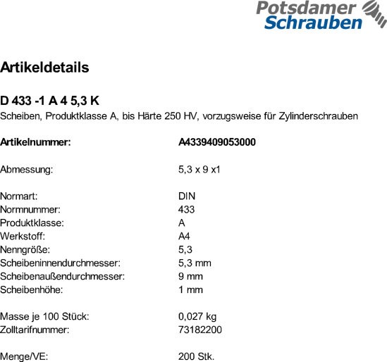 200 Edelstahl V4A Scheiben DIN 433 -1 A4 5,3