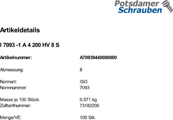 100 Edelstahl V4A Unterlegscheiben ISO 7093 -1 A4 200HV M8