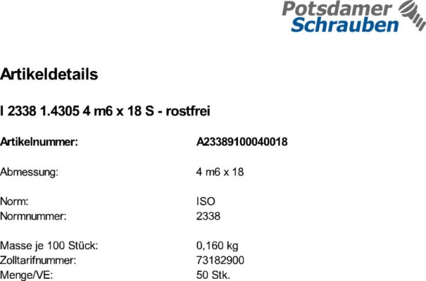 50 Edelstahl A1 Zylinderstifte ISO 2338 1.4305 4 m6 x 18