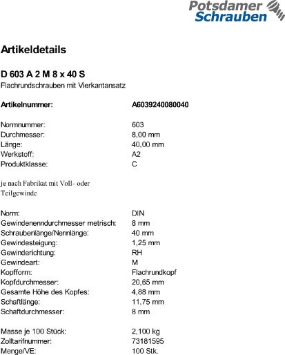 100 Edelstahl V2A Schloßschrauben DIN 603 A2 M8x40
