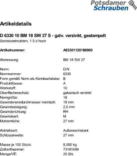 25 Sechskantmuttern DIN 6330 10 BM18 SW 27 verzinkt, gestempelt Stahl