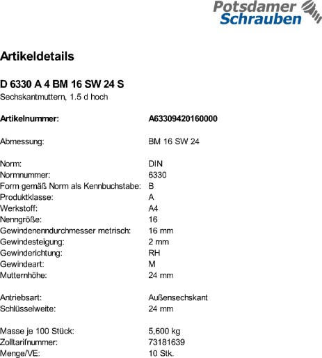 10 Sechskantmuttern DIN 6330 A4 BM16 SW 24 V4A Edelstahl