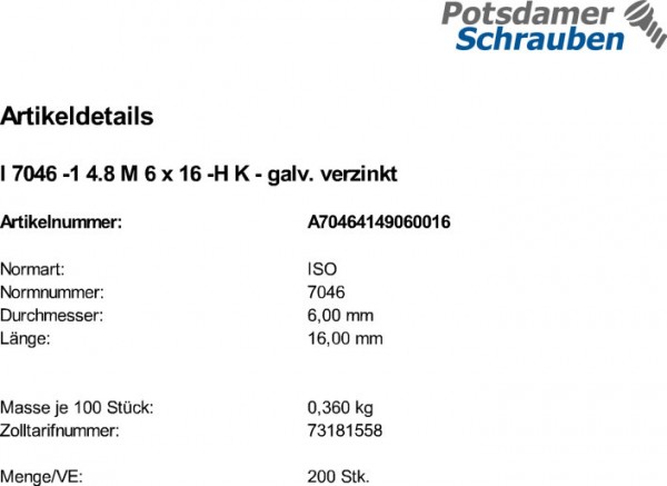 200 Krz. Senkkopfschrauben ISO 7046 -1 4.8 -H verzinkt M6x16