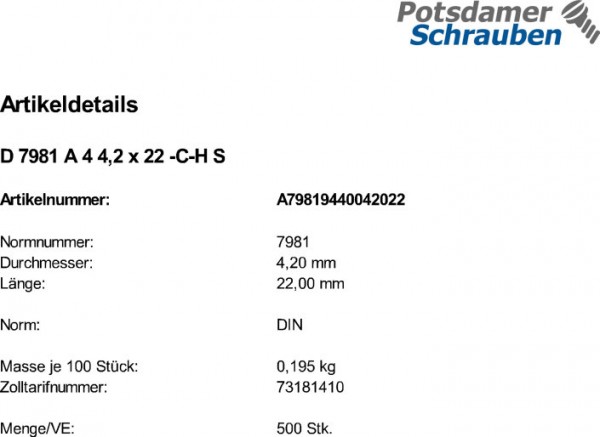 500 Edelstahl V4A Linsenkopf Blechschrauben DIN 7981 A4 4,2x22 -C-H