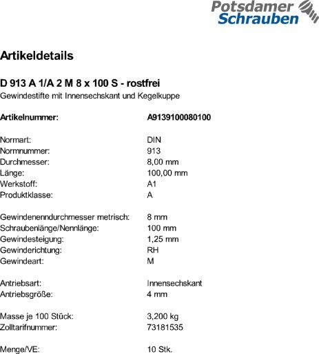 50 Edelstahl Inbus Gewindestifte DIN 913 A1 / A2 M8x100