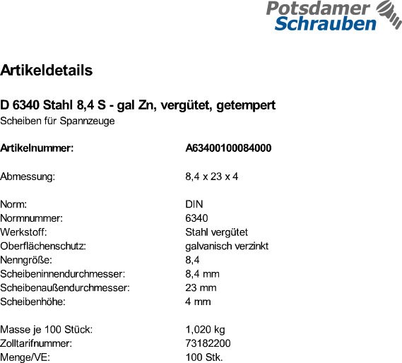 100 Scheiben DIN 6340 Stahl 8,4 , vergütet,