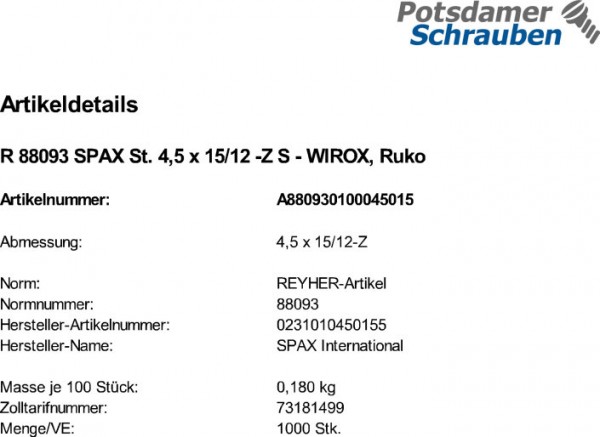 1000 SPAX Pan Head Halbrundkopfschrauben verzinkt -Z 4,5x15 /12