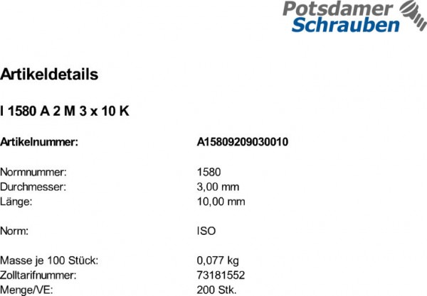 200 Flachkopfschrauben ISO 1580 A2 M3x10 V2A Edelstahl
