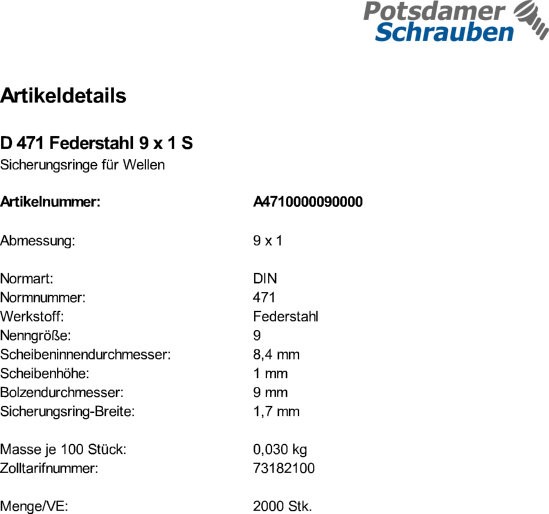 2000 Sicherungsringe DIN 471 Federstahl 9x1