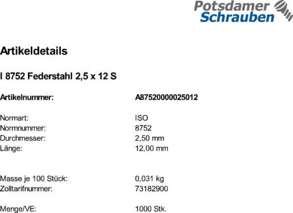 1000 Spannstifte ISO 8752 Federstahl 2,5x12