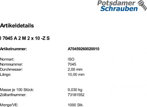 1000 Edelstahl V2A Krz. Linsenkopfschrauben ISO 7045 A2 -Z M2x10