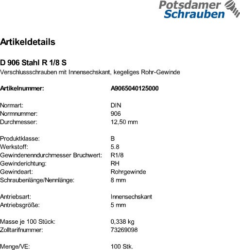 100 Verschlußschrauben DIN 906 Stahl R 1/8
