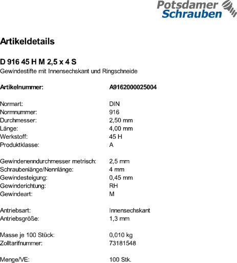 500 Inbus Gewindestifte DIN 916 45H schwarz M2,5x4