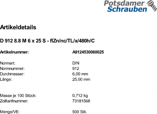 500 Innensechskant Zylinderkopfschrauben DIN 912 8.8 M6x25 zinklamellenbeschichtet