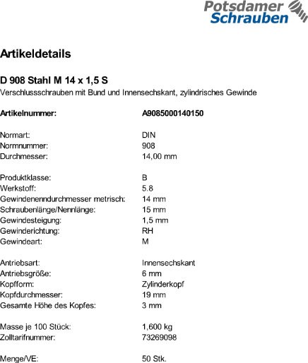 50 Verschlußschrauben DIN 908 Stahl M14x1,5
