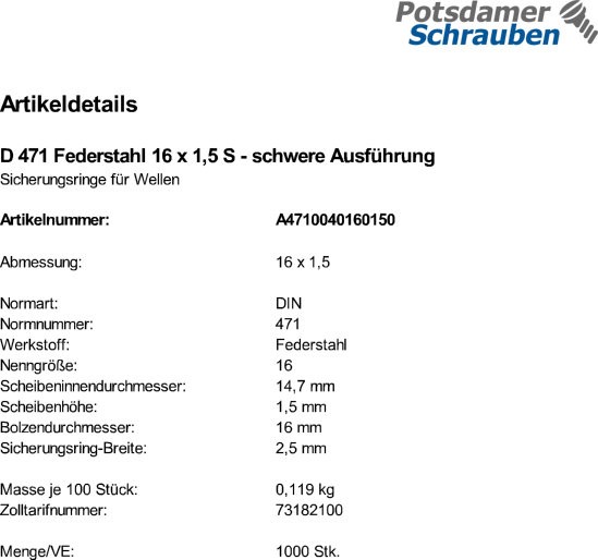 1000 Sicherungsringe DIN 471 Federstahl 16x1,5 schwere Ausführung