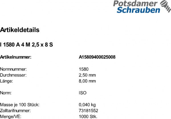 1000 Flachkopfschrauben ISO 1580 A4 M2,5x8 V4A Edelstahl