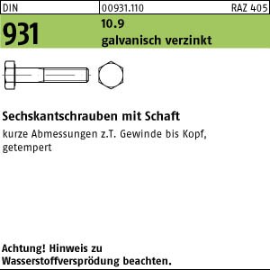 100 Sechskantschrauben DIN 931 10.9 verzinkt M10x50